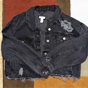 Black, distressed denim jacket, Forever 21